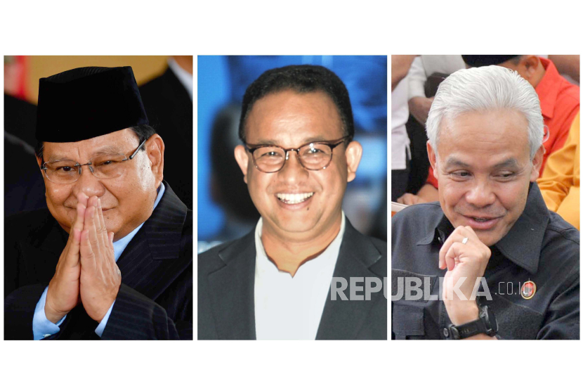 Bakal calon Presiden Prabowo Subianto Kiri Anies Baswedan Tengah Ganjar Pranowo Kanan